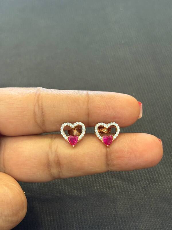 silver heart pink stone stud with rosegold finish