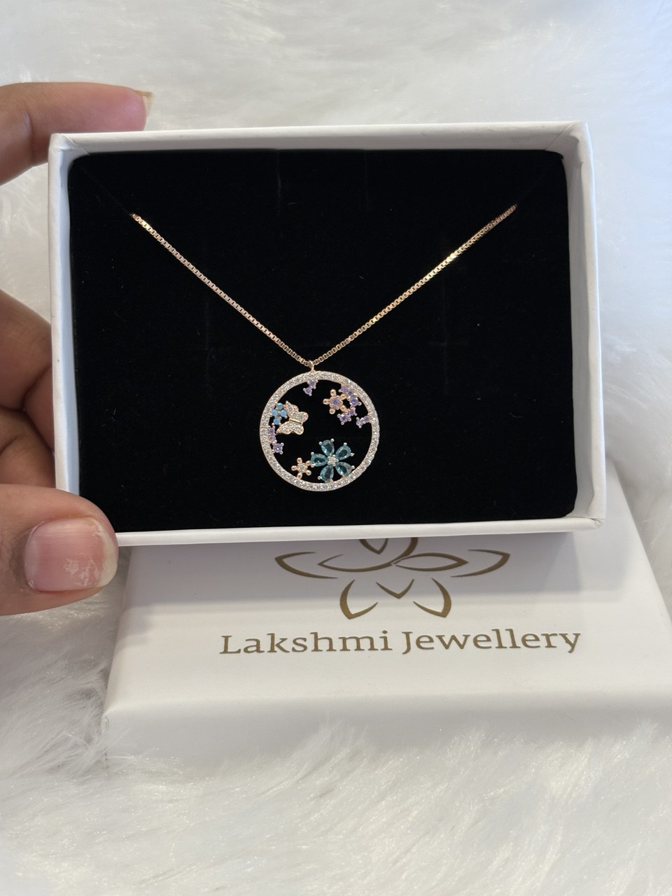 Silver round blue butterfly chain with rosegold finish