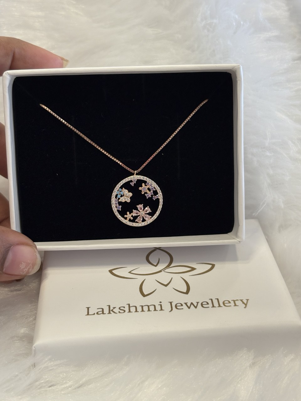 Silver round flower chain white butterfly with rosegold finish