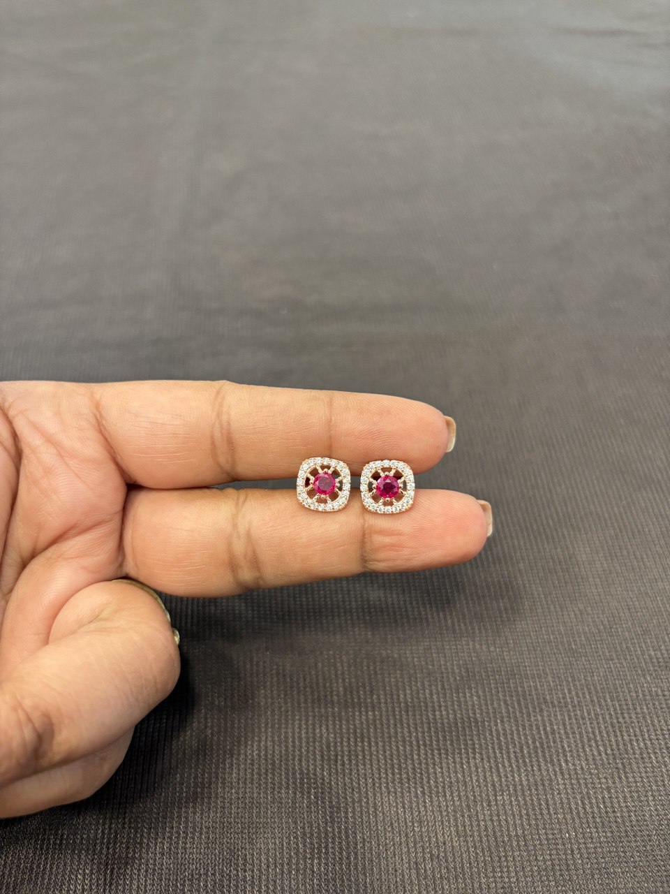 Silver square pink stud with rosegold finish