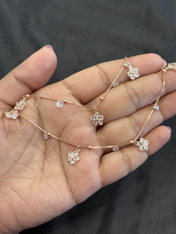 Silver stone flower anklet with rosegold finish