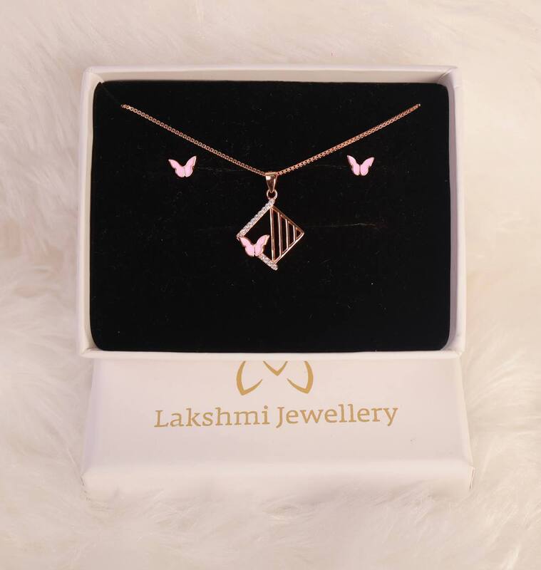 Silver pink tamizh butterfly pendant set with rosegodl finish
