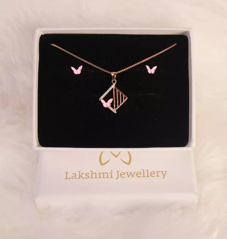 Silver pink tamizh butterfly pendant set with rosegodl finish