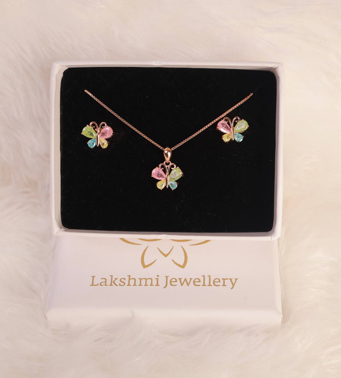 Silver multicolour butterfly pendant set with rosegold finish
