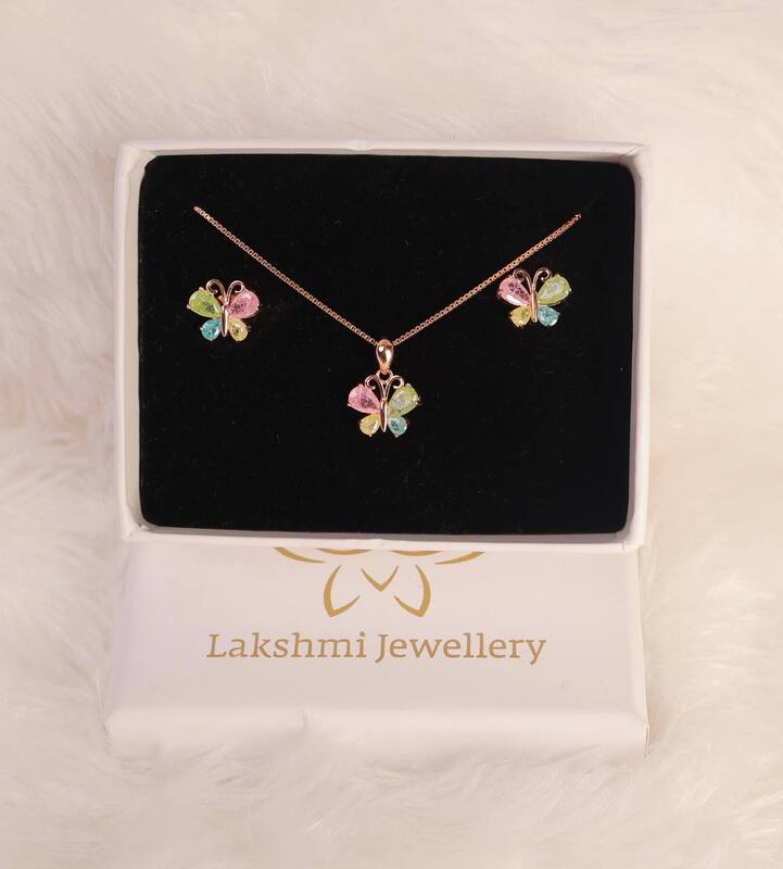 Silver multicolour butterfly pendant set with rosegold finish