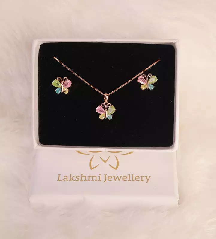 Silver multicolour butterfly pendant set with rosegold finish