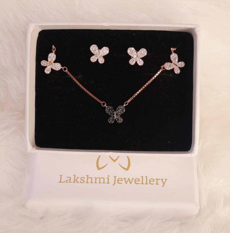 Silver black butterfly pendant set with rosegodl finish
