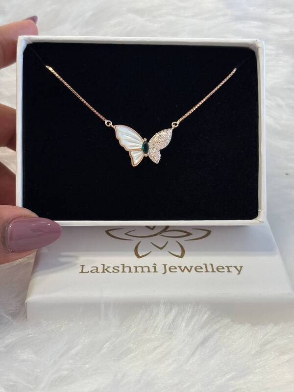 Silver butterfly pendant chain with rosegold finish