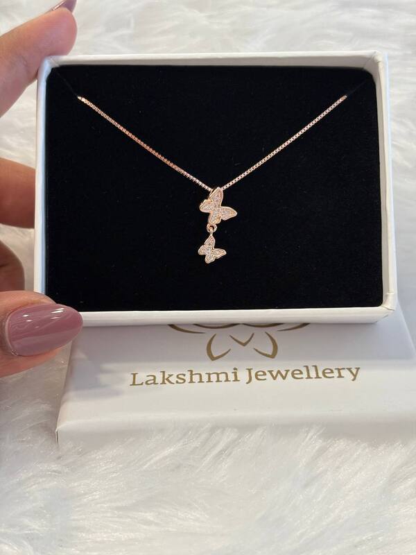 Silver doubl;e butterfly pendant chain with rosegold finish