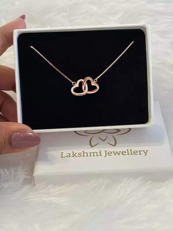 Silver double heart interlock pendant chain with rosegold finish