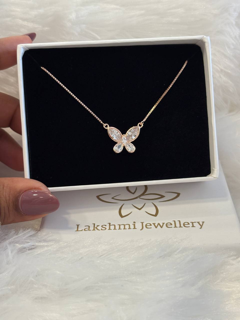 Silver nila butterfly pendant chain with rosegold finish