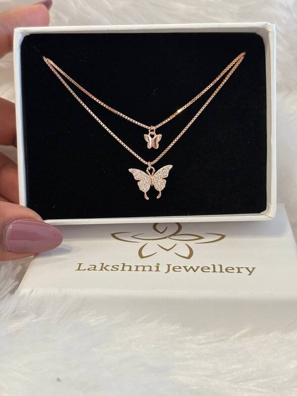 Silver double butterfly double layer pendant chain with rosegold finish