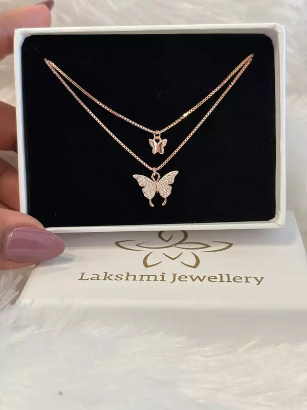 Silver double butterfly double layer pendant chain with rosegold finish