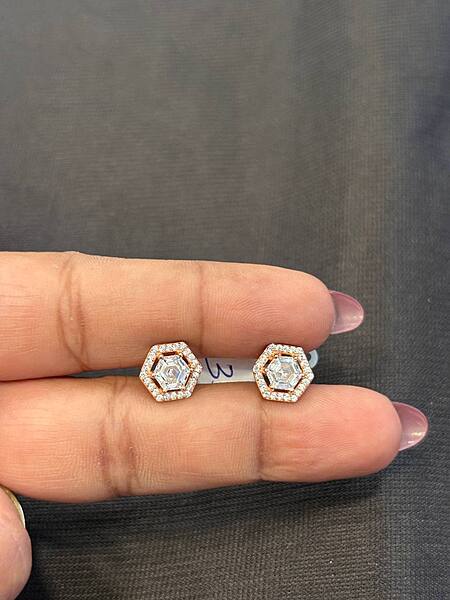 Silver hexagon white stud with rosegold finish