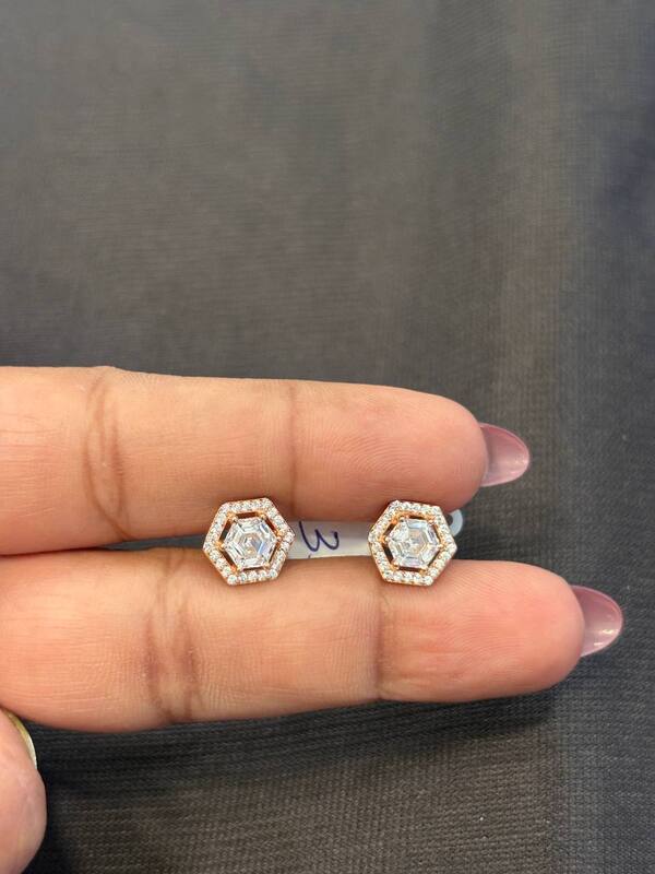 Silver hexagon white stud with rosegold finish