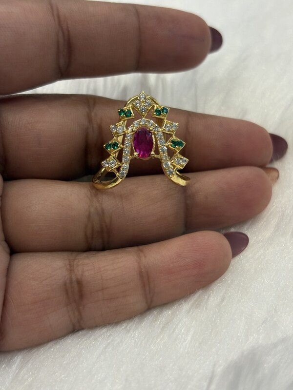 Silver karthigai red vangi ring with gold finish