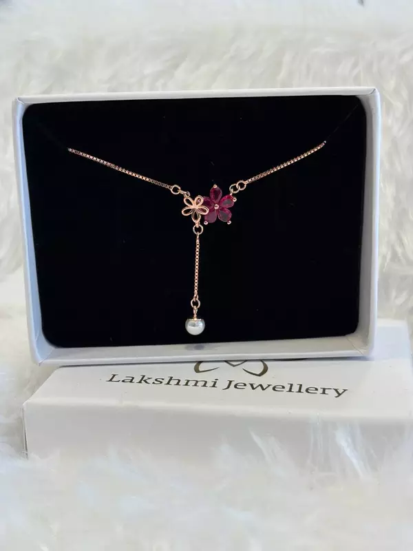 Silver red flower chain with rosegold finish