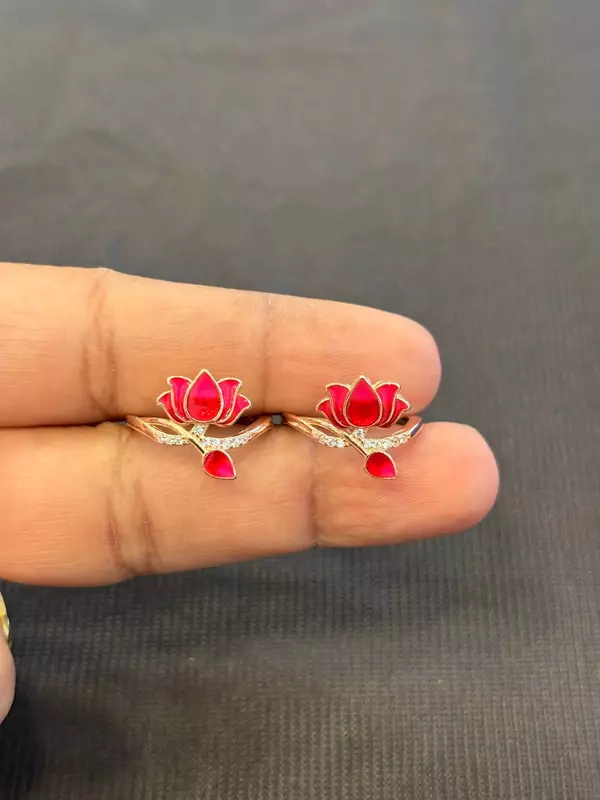 Silver red lotus butterfly toe ring with rosegold finish