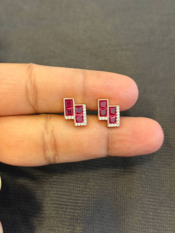 Silver red step stone stud with rosegold finish