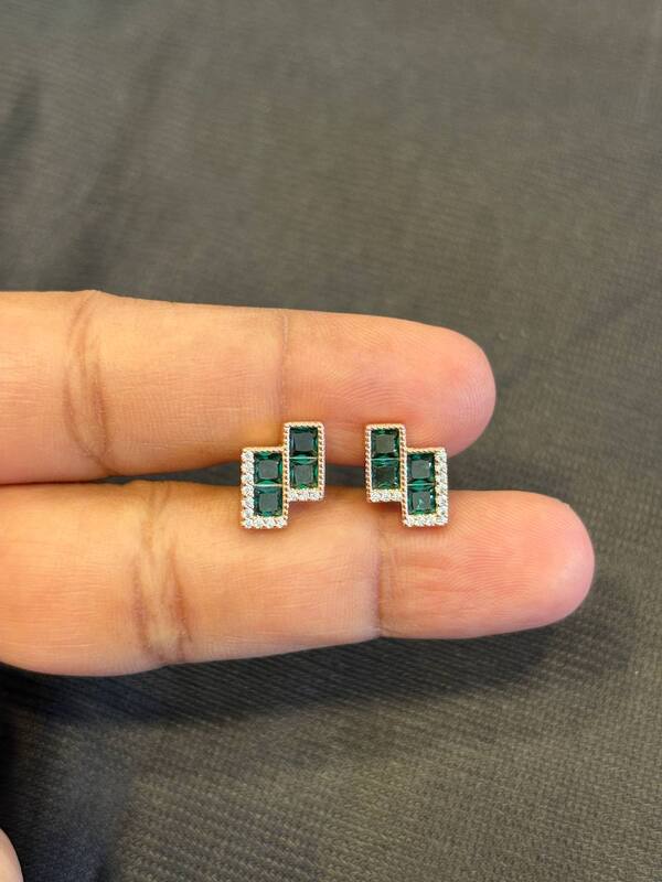 Silver green step stone stud with rosegold finish