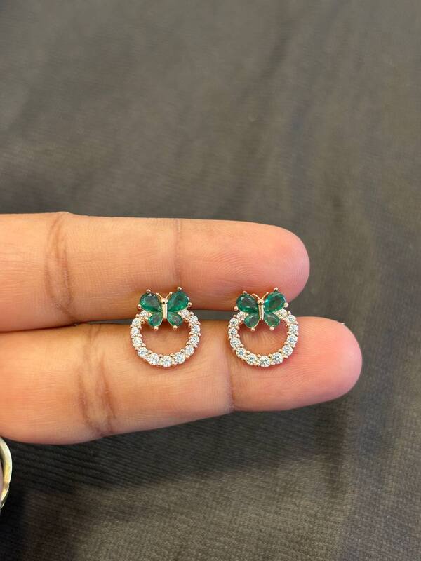 Silver round green butterfly stud with rosegold finish