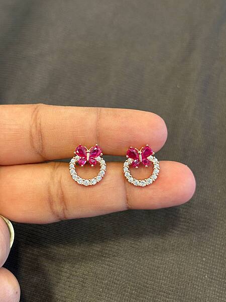 Silver pink round butterfly stud with rosegold finish
