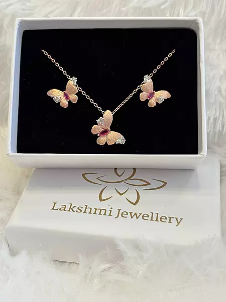 Silver red butterfly pendant set with rosegold finish