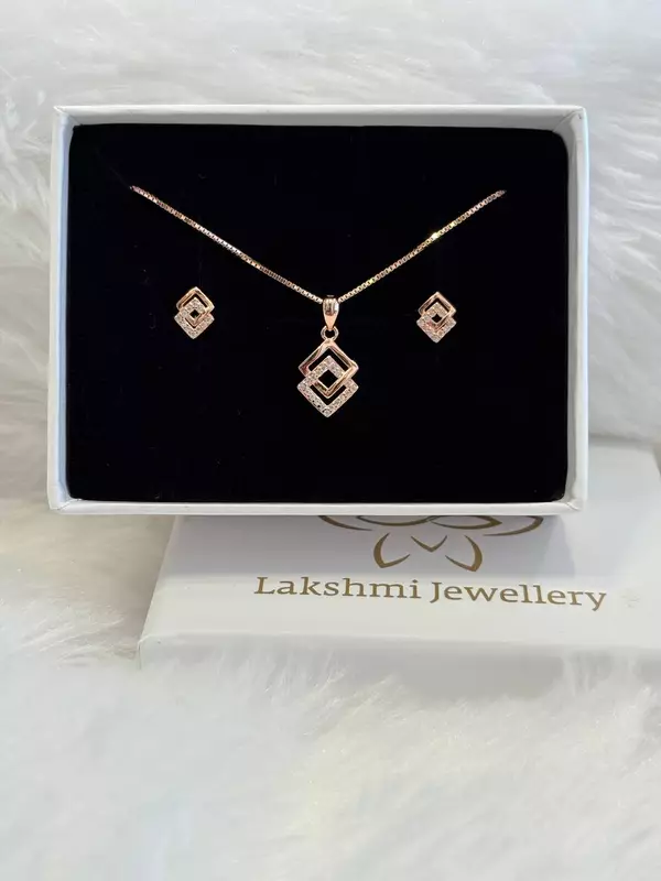 Silver white double square pendant set with rosegold finish