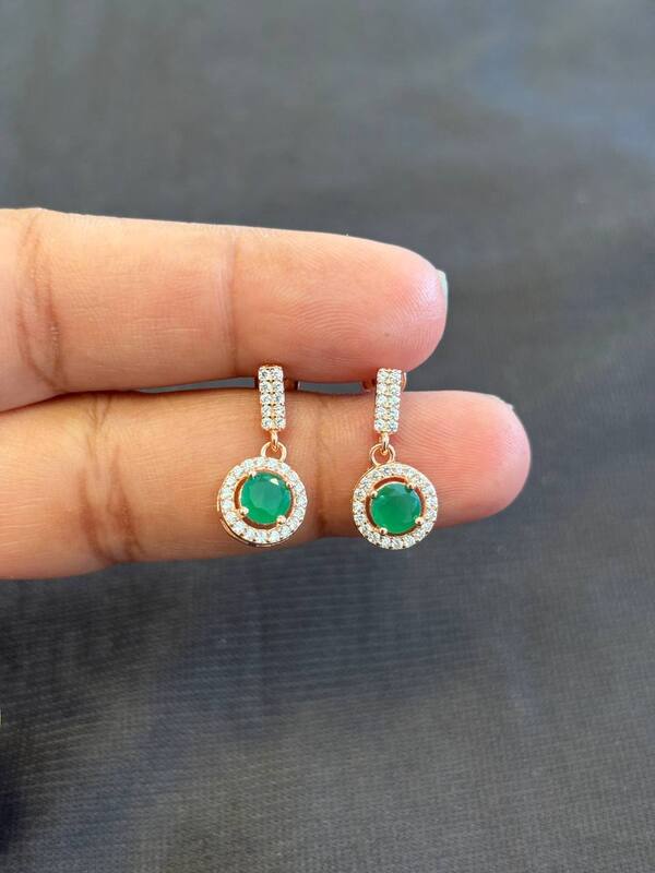 Silver green round hanging stud with rosegold finish