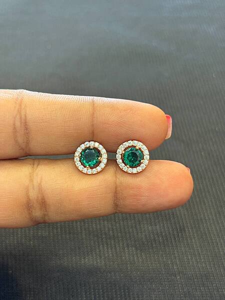 Silver green round coated stud with rosegold finish