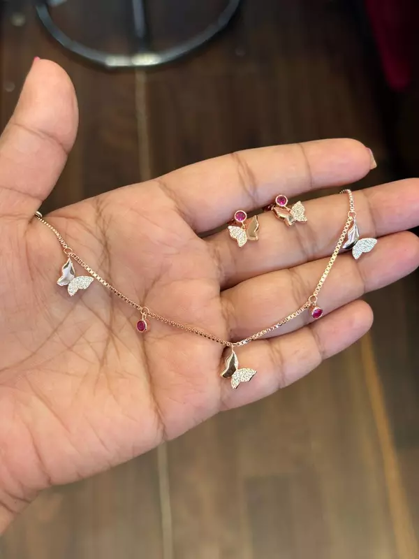 silver charm butterfly pink chain with rosegold finish
