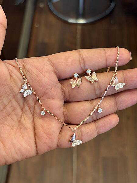 silver butterfly charm white chain with rosegold finish