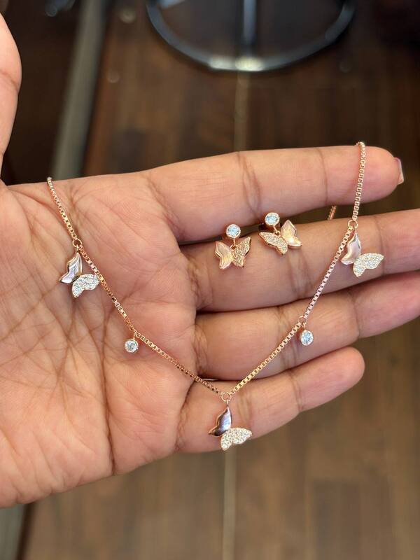 silver butterfly charm white chain with rosegold finish