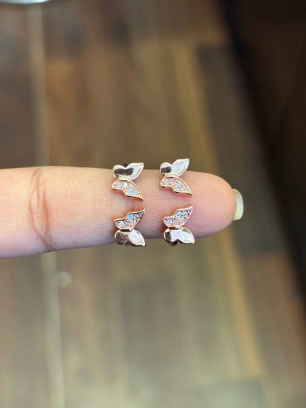Silver white double butterfly toe ring with rosegold finish