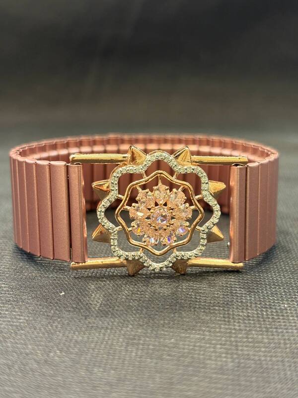Silver pink flower wrist band with rosegold finish