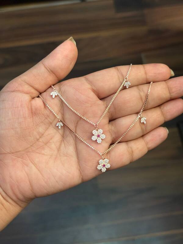 Silver pink flower anklet with rosegold finish