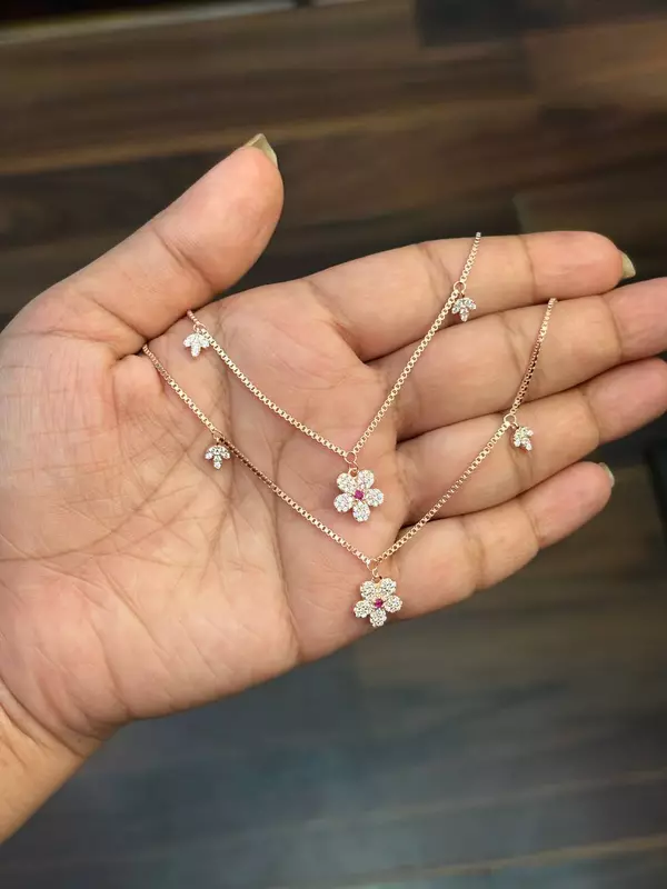 Silver pink flower anklet with rosegold finish