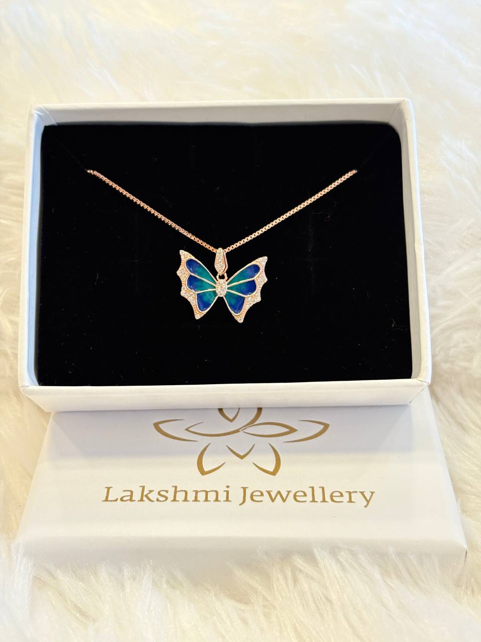 Silver blue butterfly chain with rosegold finish
