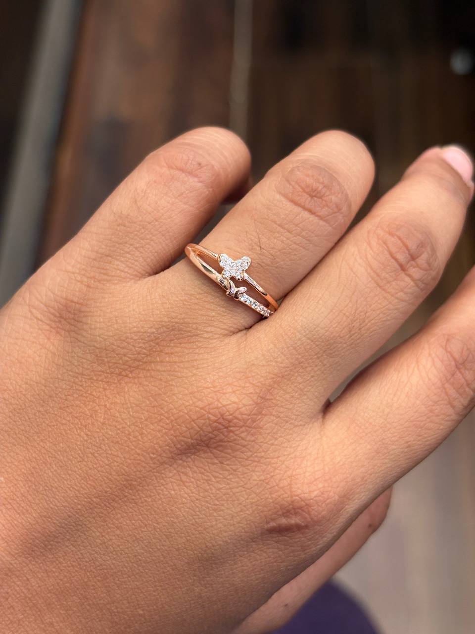 Silver double butterfly ring with rosegold finish (adjustable)