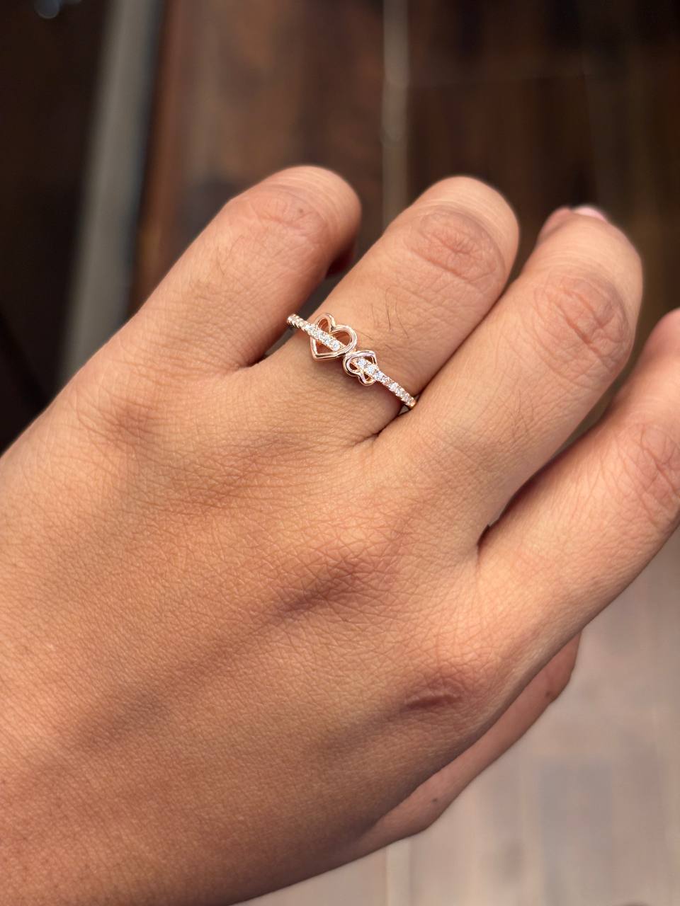 Silver double heart ring with rosegold finish (adjustable)