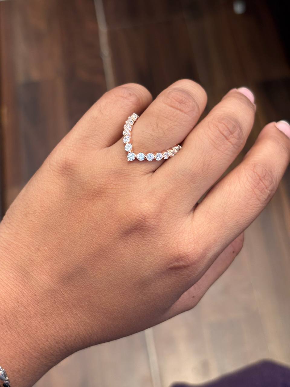 Silver via V ring with rosegold finish