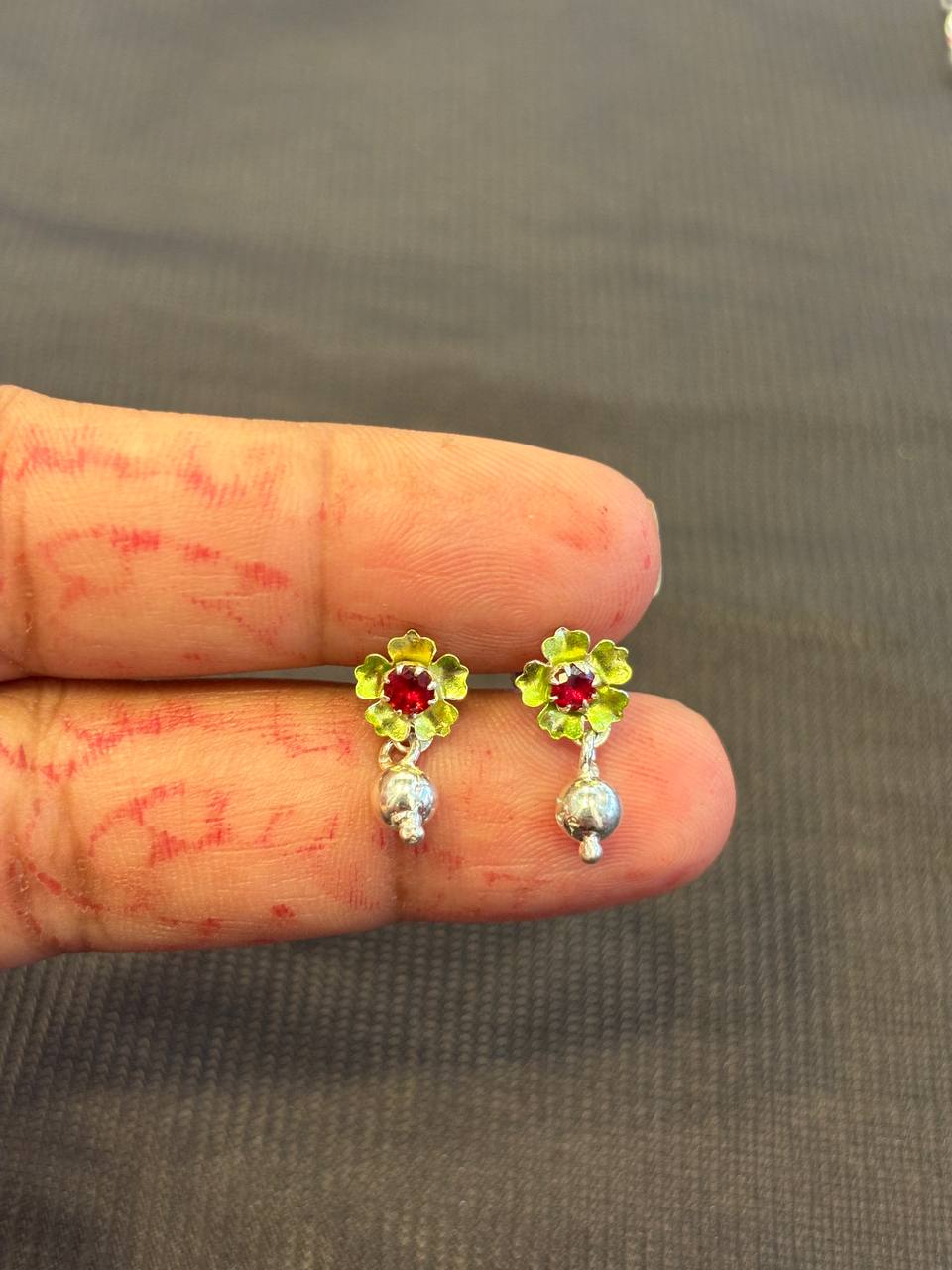 Silver green red stone stud