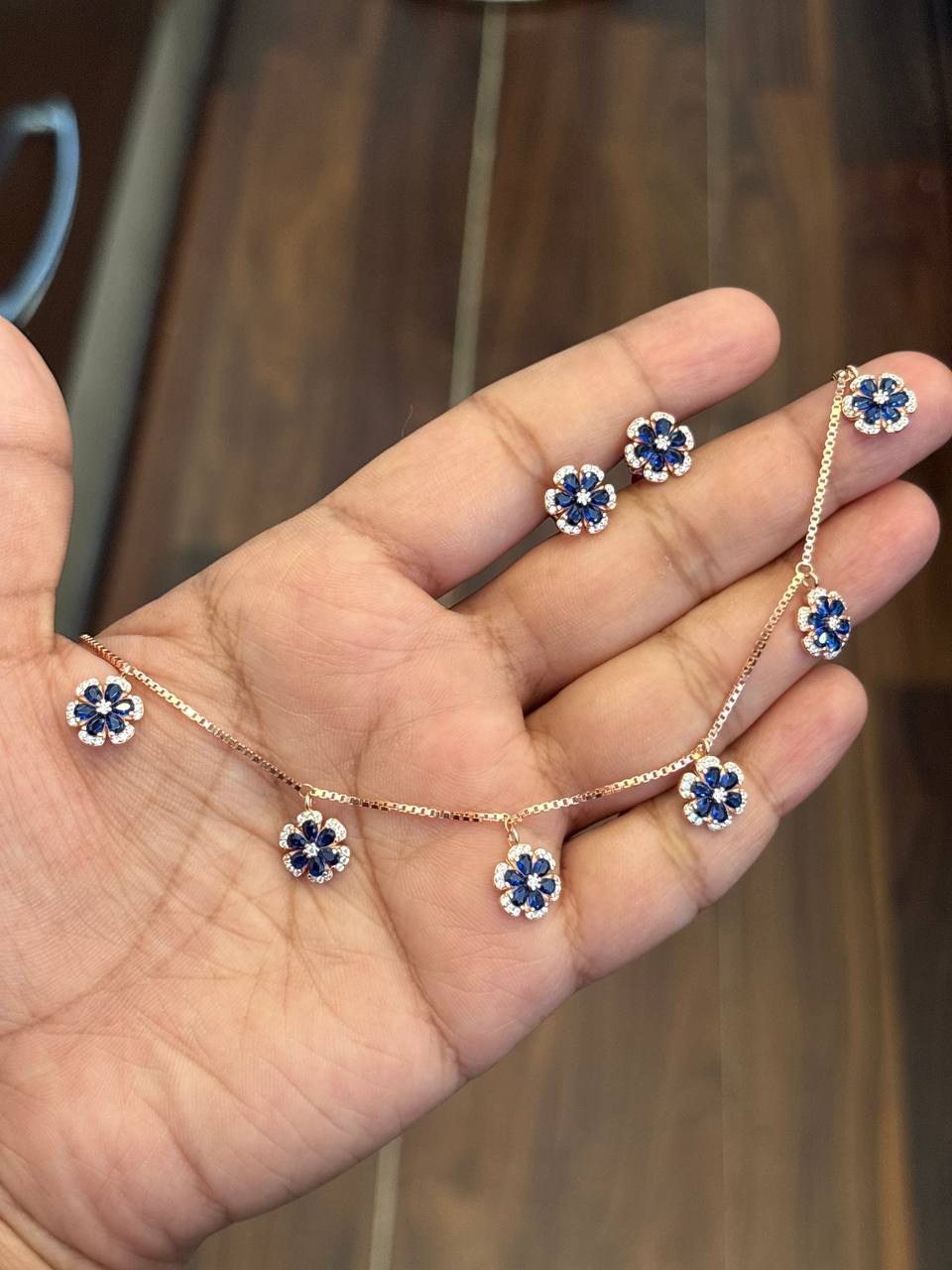 Silver blue flower charm with rosegold finish