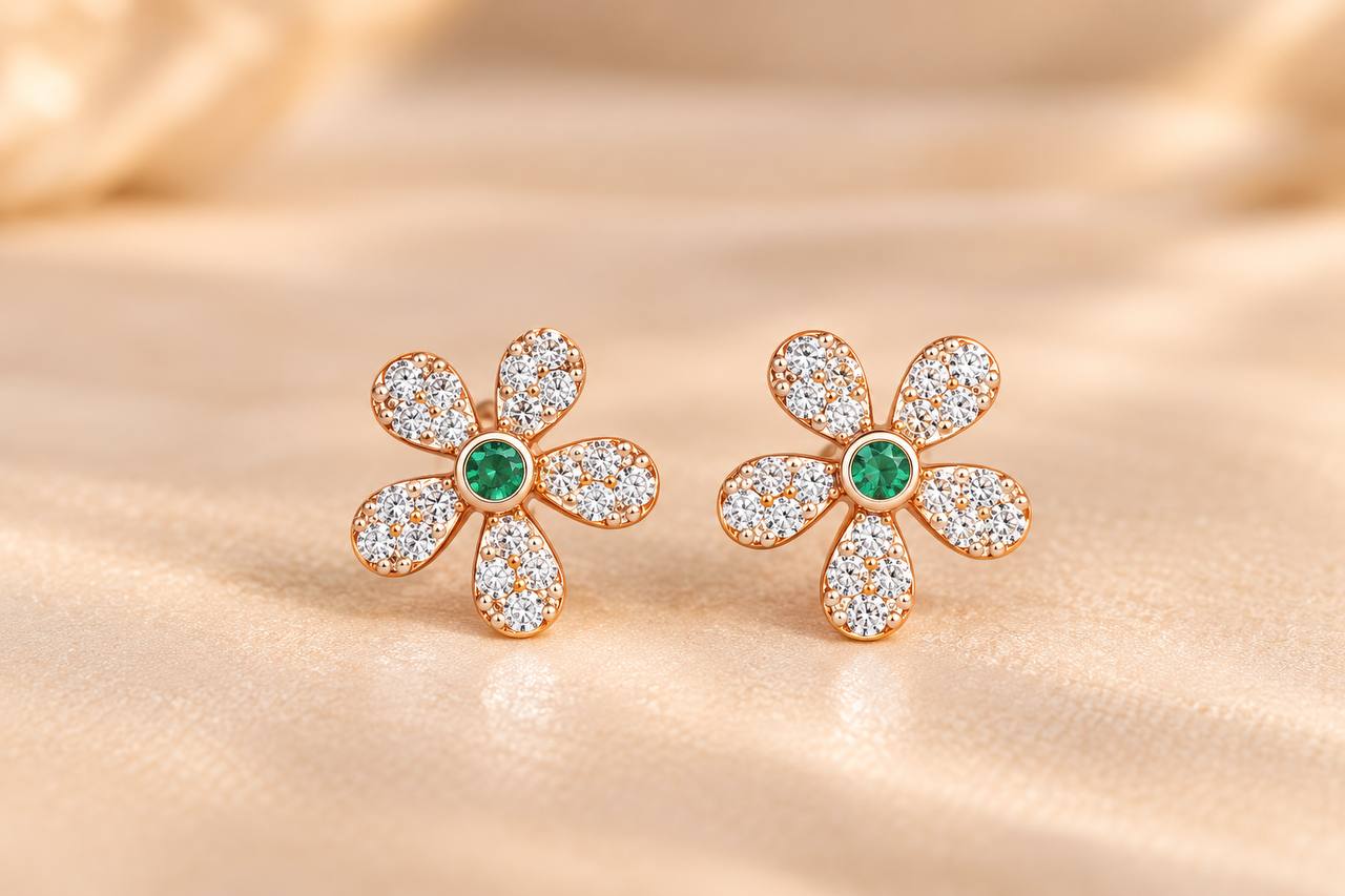 silver tharaa green stud with rosegold finish