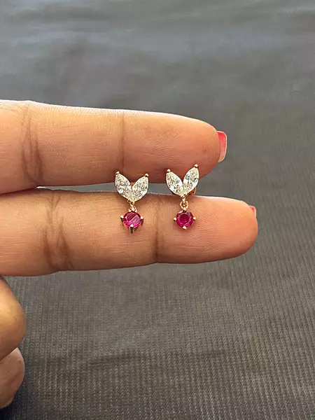 silver double leaf hanging pink stud with rosegold finish
