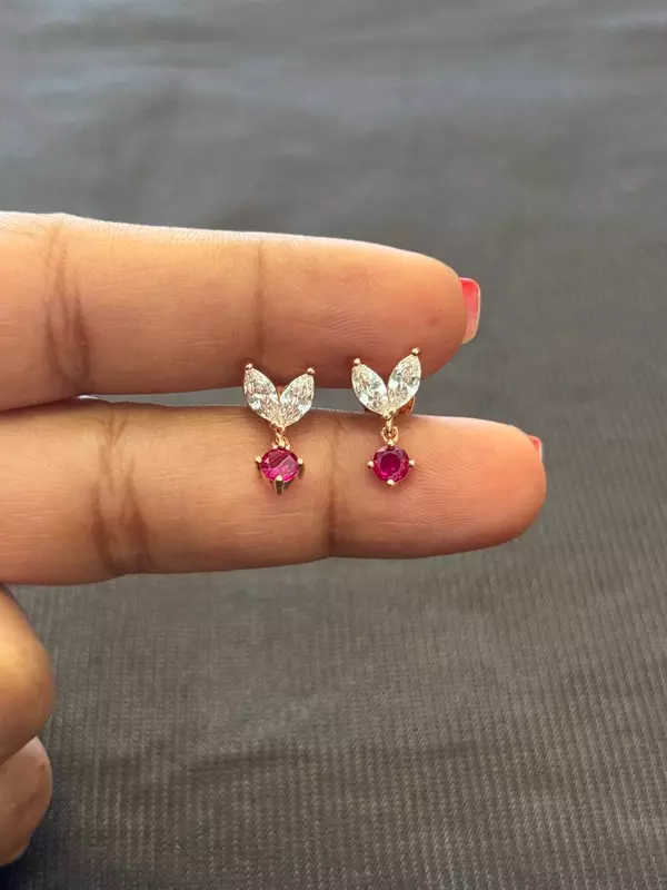 silver double leaf hanging pink stud with rosegold finish