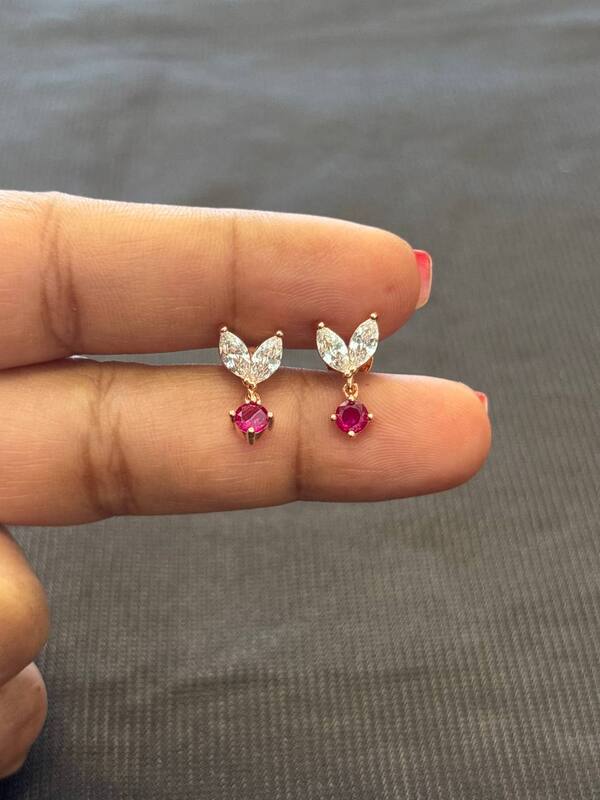 silver double leaf hanging pink stud with rosegold finish