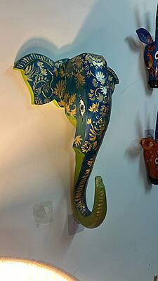 Hand Pianted Elephant Head Blue Floral