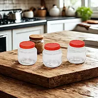 Round Shape Transparent Glass Jar with Red Lid SET OF 3