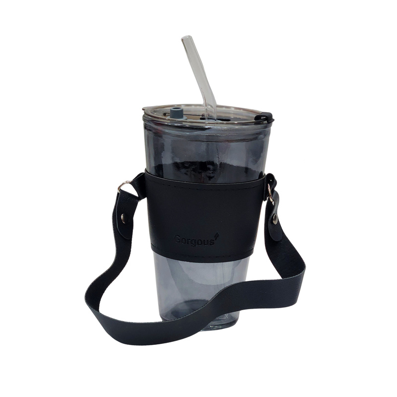 Glass Sipper Mug With Anti-Skid Leather Sleeve